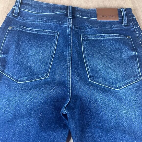 Judy Blue Women’s Flare Jeans Size 11/30 Dark Wash Studded Sides Frayed Hem - Picture 3 of 5